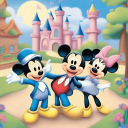 A vibrant and cheerful illustration featuring popular Disney characters such as Mickey Mouse, Minnie Mouse, Donald Duck, and Goofy