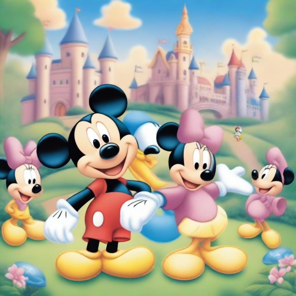 A vibrant and cheerful illustration featuring popular Disney characters such as Mickey Mouse, Minnie Mouse, Donald Duck, and Goofy