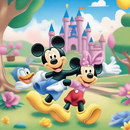 A vibrant and cheerful illustration featuring popular Disney characters such as Mickey Mouse, Minnie Mouse, Donald Duck, and Goofy