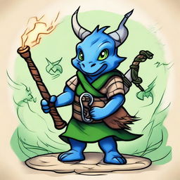 An ancient sketch style illustration of a cute short blue Dragonborn with green eyes, playing realistic bagpipes and breathing lightning