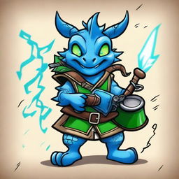 An ancient sketch style illustration of a cute short blue Dragonborn with green eyes, playing realistic bagpipes and breathing lightning