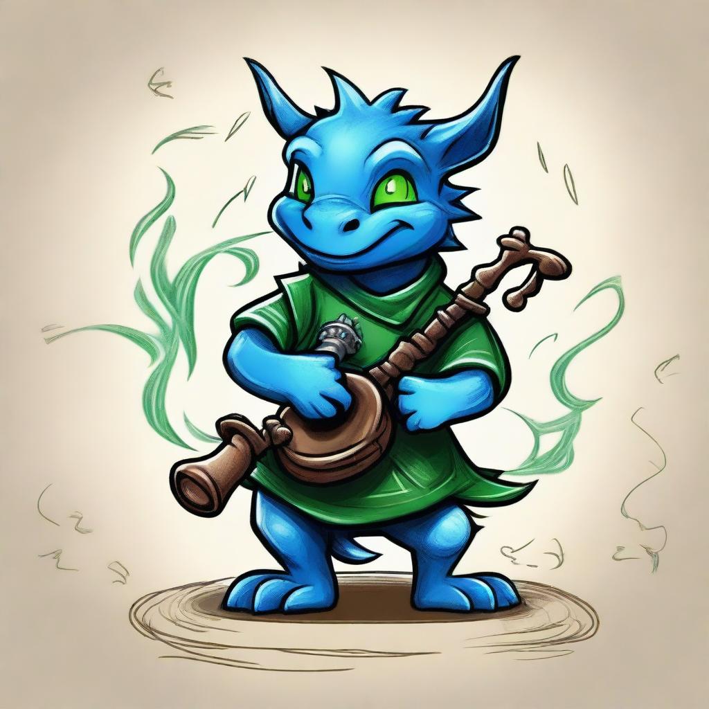 An ancient sketch style illustration of a cute short blue Dragonborn with green eyes, playing realistic bagpipes and breathing lightning