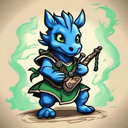 An ancient sketch style illustration of a cute short blue Dragonborn with green eyes, playing realistic bagpipes and breathing lightning