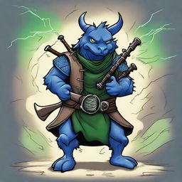 An ancient sketch style illustration of a less cute, short blue Dragonborn with green eyes, playing realistic bagpipes and breathing lightning