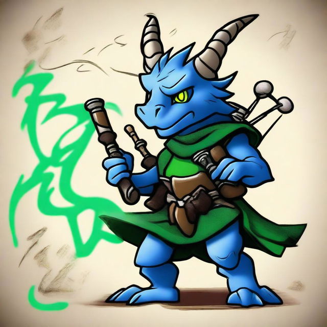 An ancient sketch style illustration of a less cute, short blue Dragonborn with green eyes, playing realistic bagpipes and breathing lightning