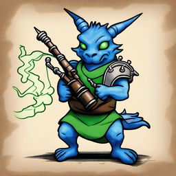 An ancient sketch style illustration of a less cute, short blue Dragonborn with green eyes, playing realistic bagpipes and breathing lightning