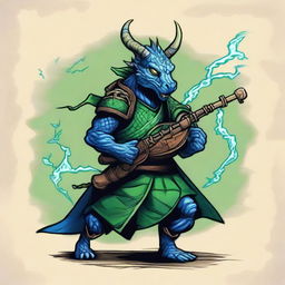 An ancient sketch style illustration of a short blue Dragonborn with green eyes, playing normal bagpipes and breathing lightning