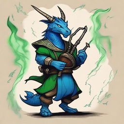 An ancient sketch style illustration of a short blue Dragonborn with green eyes, playing normal bagpipes and breathing lightning