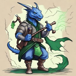 An ancient sketch style illustration of a short blue Dragonborn with green eyes, playing normal bagpipes and breathing lightning