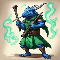 An ancient sketch style illustration of a short blue Dragonborn with green eyes, playing normal bagpipes and breathing lightning