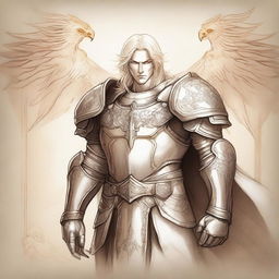 An ancient sketch style illustration of a male Aasimar paladin with long platinum blond glowing hair and golden eyes