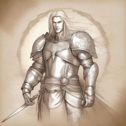 An ancient sketch style illustration of a male Aasimar paladin with long platinum blond glowing hair and golden eyes