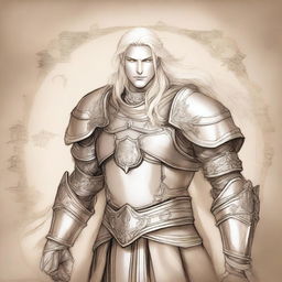 An ancient sketch style illustration of a male Aasimar paladin with long platinum blond glowing hair and golden eyes