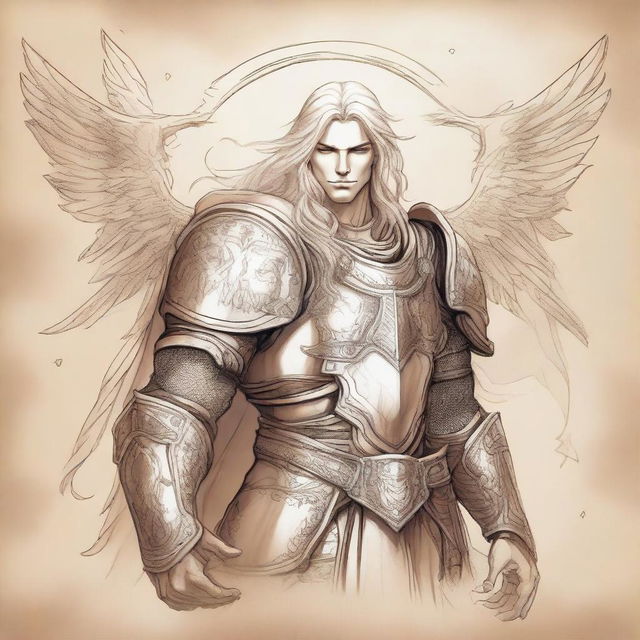 An ancient sketch style illustration of a male Aasimar paladin with long platinum blond glowing hair and golden eyes