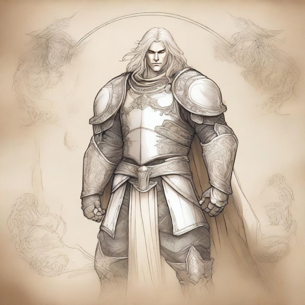 An ancient sketch style illustration of a male Aasimar paladin with long platinum blond glowing hair and golden eyes