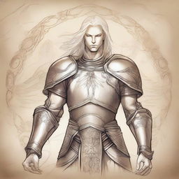 An ancient sketch style illustration of a male Aasimar paladin with long platinum blond glowing hair and golden eyes