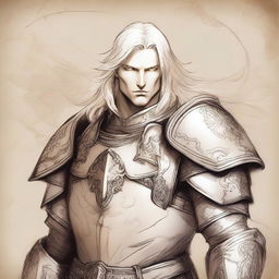 An ancient sketch style illustration of a male Aasimar paladin with long platinum blond glowing hair and golden eyes