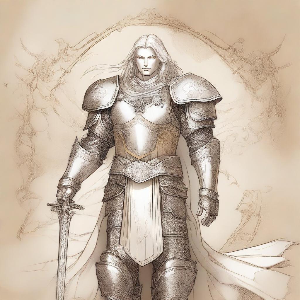 An ancient sketch style illustration of a male Aasimar paladin with long platinum blond glowing hair and golden eyes