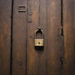 A mysterious rustic wooden escape room wall, with a four-digit code visible on an ancient-looking padlock.