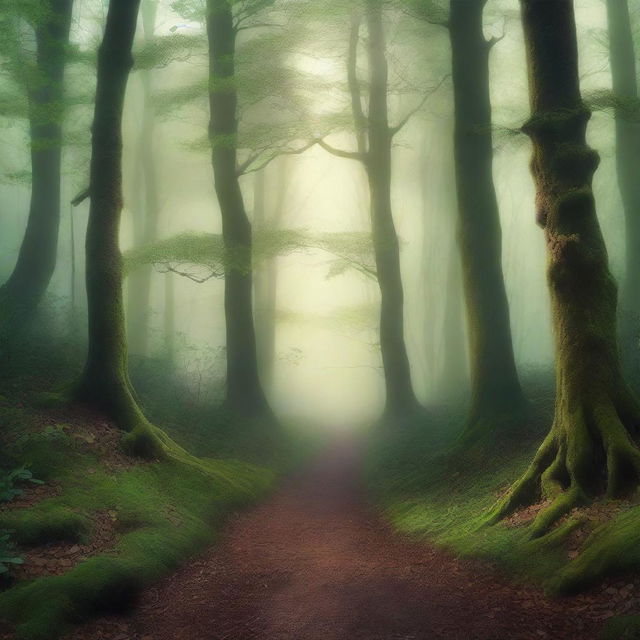 Create a visually captivating book cover featuring a mysterious forest with a hidden path