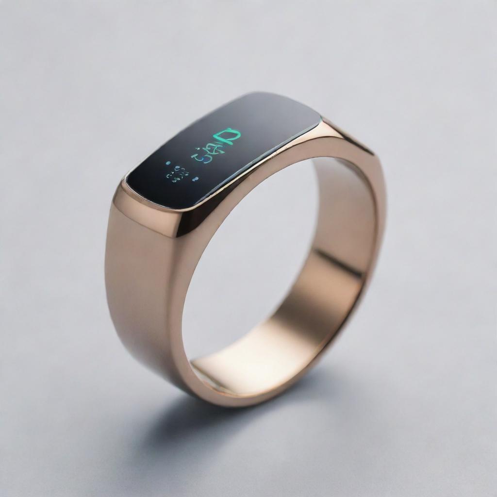 A sleek and modern health monitoring ring. Crafted of futuristic material, it houses advanced health sensors. Displays personalized data on an invisible screen that comes to life when touched