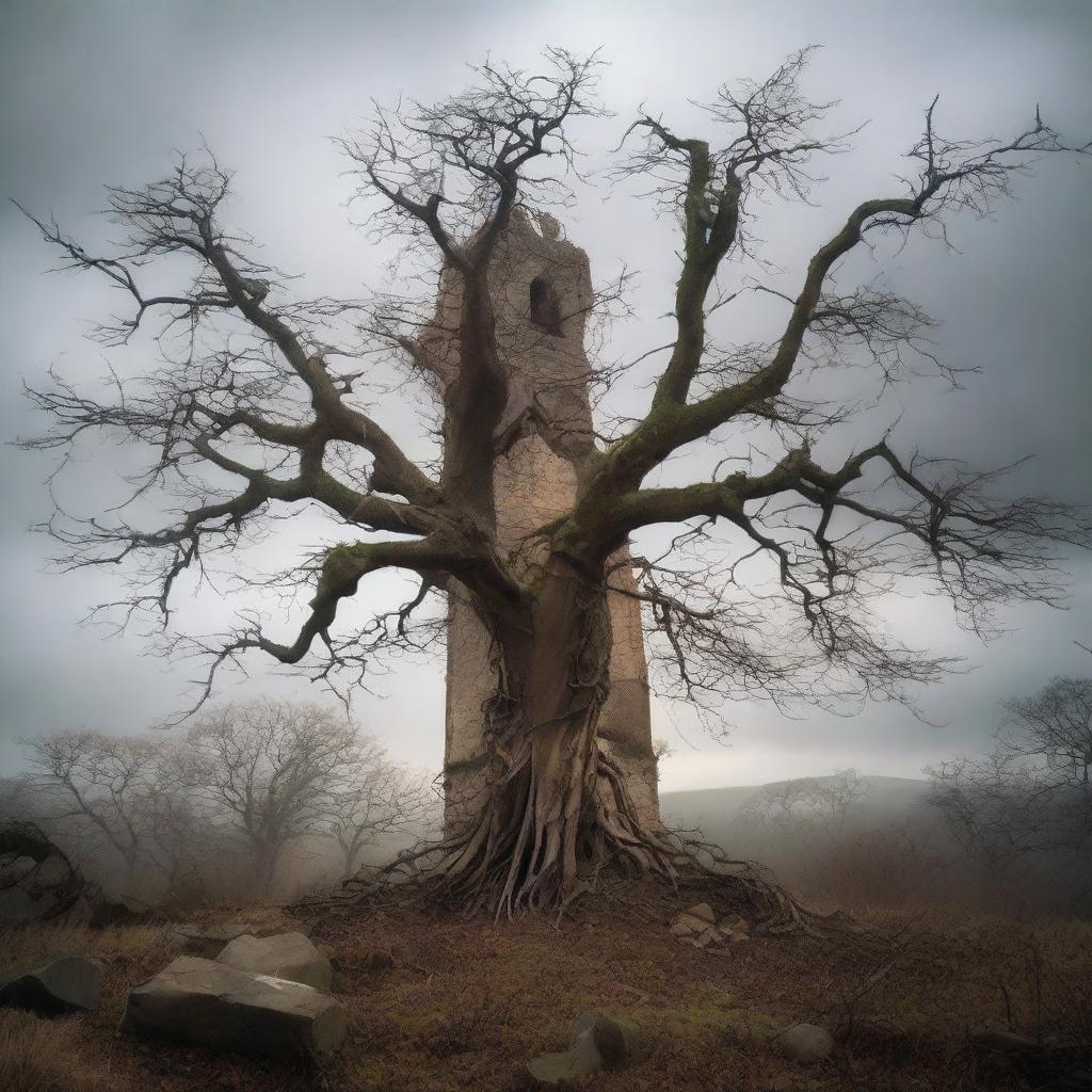 A detailed image of a dying tree with twisted, barren branches standing in the foreground