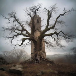 A detailed image of a dying tree with twisted, barren branches standing in the foreground