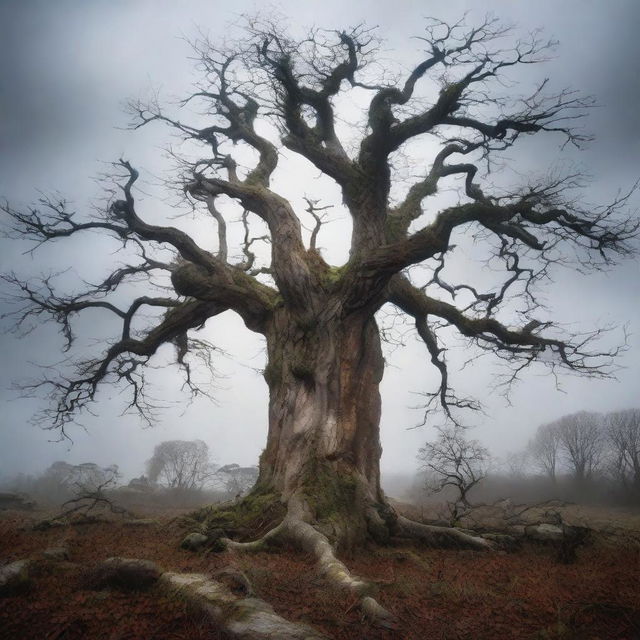 A detailed image of a dying tree with twisted, barren branches standing in the foreground