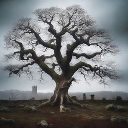 A detailed image of a dying tree with twisted, barren branches standing in the foreground