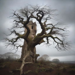 A detailed image of a dying tree with twisted, barren branches standing in the foreground