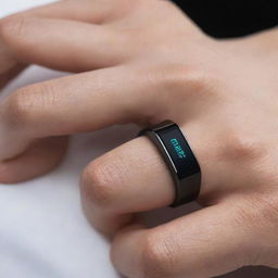 A sleek and modern health monitoring ring. Crafted of futuristic material, it houses advanced health sensors. Displays personalized data on an invisible screen that comes to life when touched