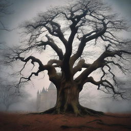 A detailed image of a dying tree with twisted, barren branches standing in a dense forest