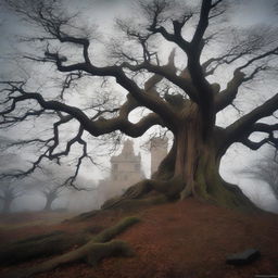 A detailed image of a dying tree with twisted, barren branches standing in a dense forest