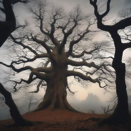 A detailed image of a dying tree with twisted, barren branches standing in a dense forest