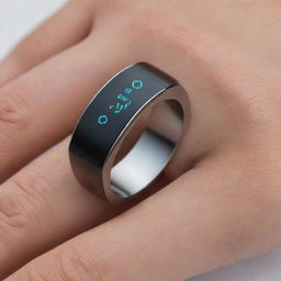 A sleek and modern health monitoring ring. Crafted of futuristic material, it houses advanced health sensors. Displays personalized data on an invisible screen that comes to life when touched