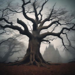 A detailed image of a dying tree with twisted, barren branches standing in a dense forest