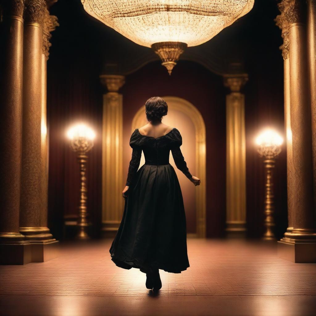 A period actress wearing a black vintage dress entering a grand theater