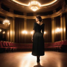 A period actress wearing a black vintage dress entering a grand theater