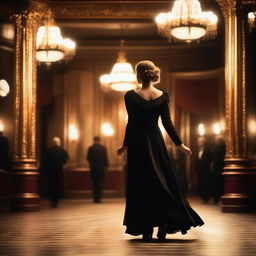 A period actress wearing a black vintage dress entering a grand theater