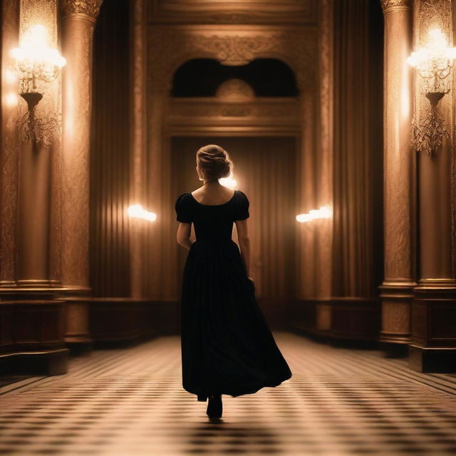 A period actress wearing a black vintage dress entering a grand theater