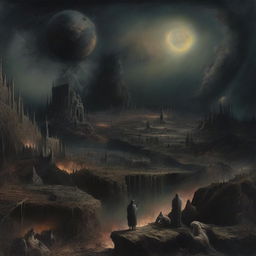 A surreal and abstract representation of eschatology, featuring apocalyptic landscapes, celestial bodies, and symbolic elements that depict the end times