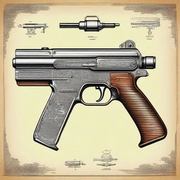 A detailed illustration of an antique imaginary submachine gun from the 1950s