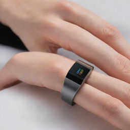 A sleek and modern health monitoring ring. Crafted of futuristic material, it houses advanced health sensors. Displays personalized data on an invisible screen that comes to life when touched