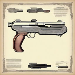 A detailed illustration of an antique imaginary submachine gun from the 1950s