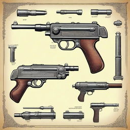 A detailed illustration of an antique imaginary submachine gun from the 1950s