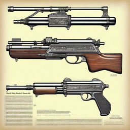 A detailed illustration of an antique imaginary submachine gun from the 1950s