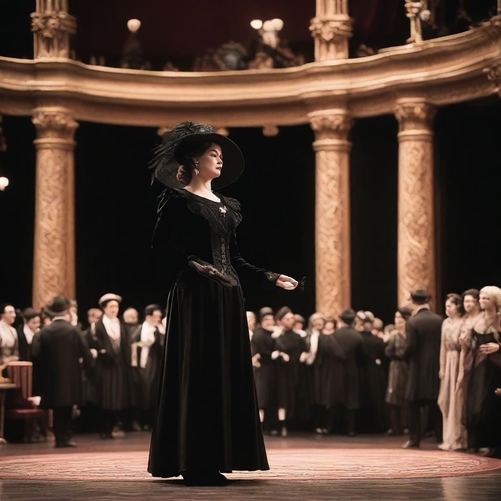 A period actress wearing a black vintage dress debuting in a play on stage