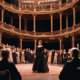 A period actress wearing a black vintage dress debuting in a play on stage