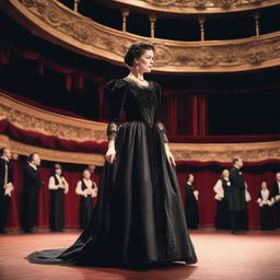 A period actress wearing a black vintage dress debuting in a play on stage