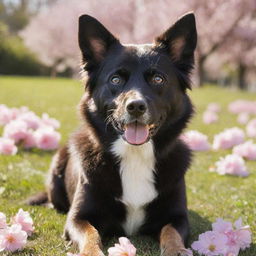 A playful dog with glossy fur and sparkling eyes, obediently sitting in a sunny park, surrounded by blossoming flowers.